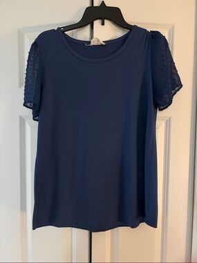 Women’s Royal Blue Short Sleeve Top with Dotted Sheer Sleeves